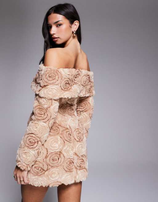 ASOS LUXE - Mini jurk met blote schouders en bloemenprint in bruin, 4 van 4