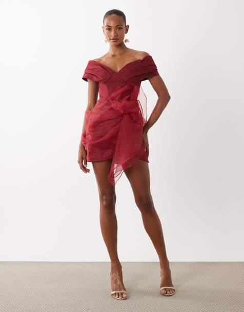 ASOS LUXE - Mini jurk met blote schouders, structuur en rok van organza in bordeauxrood - view 1