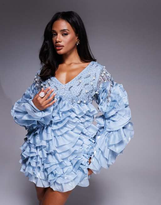 ASOS LUXE - Mini-jurk met lange mouwen, ruches en versiering in middenblauw, 2 van 4
