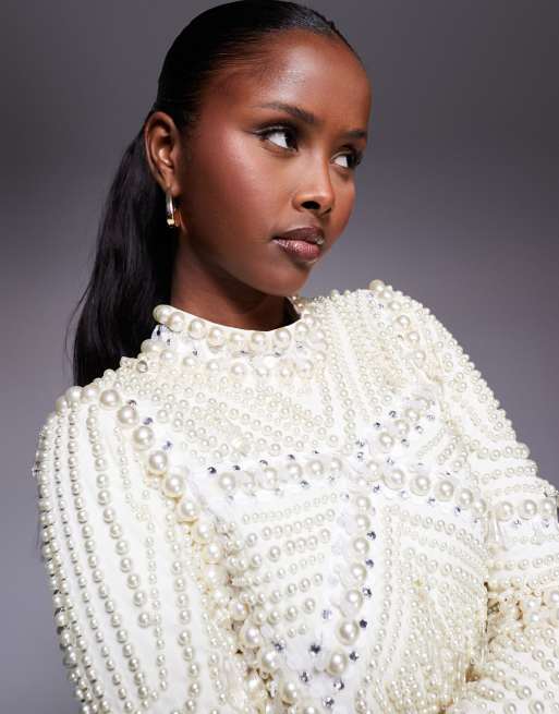 ASOS LUXE - Mini-jurk met parelversiering en lange mouwen in crème, 3 van 4
