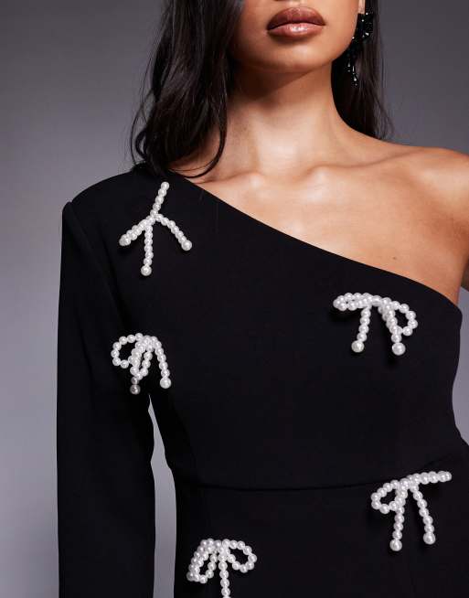 ASOS LUXE - Mini-jurk met structuur, blote schouder en strikken van parels in zwart, 3 van 4
