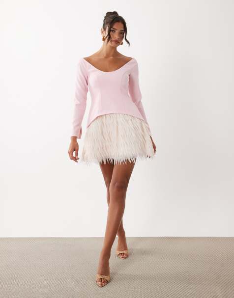 ASOS LUXE - Mini-jurk met structuur, lange mouwen en rok met franjes in roze - view 1