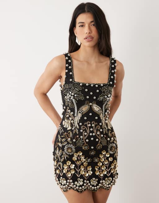 ASOS LUXE mini-jurk met versiering en bloemenprint in zwart, 3 van 4