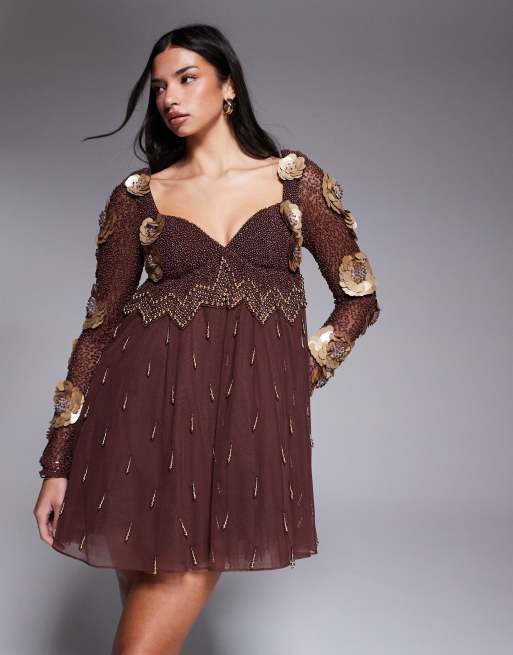 ASOS LUXE - Mini jurk met versiering van 3D-bloemen en pareltjes in bruin, 3 van 4