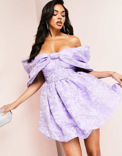 ASOS LUXE - Mini jurk van jacquard met bardothals, korsetnaden en bubbelzoom in lila - view 1