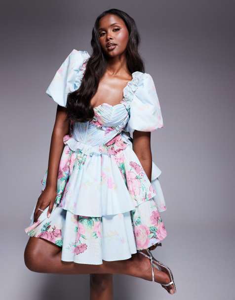 ASOS LUXE - Mini jurk van organza en popeline met hartvormige buste in bloemenprint - view 1