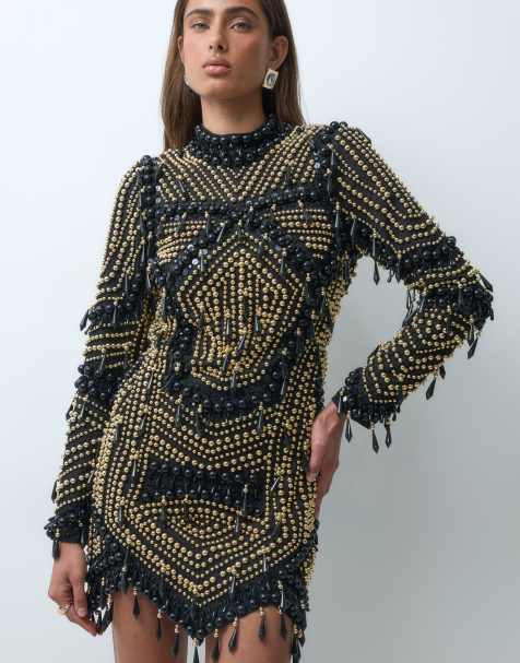 ASOS LUXE Mini-Kleid mit Perlenverzierung, langärmelig, in Schwarz und Gold - view 1