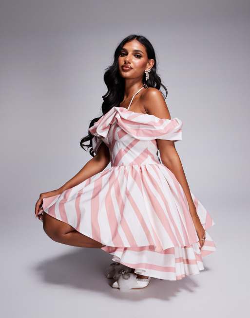 ASOS LUXE – Mini-Skater-Kleid aus Baumwoll-Popeline in Rosa gestreift mit Knitterstruktur, 4 von 4