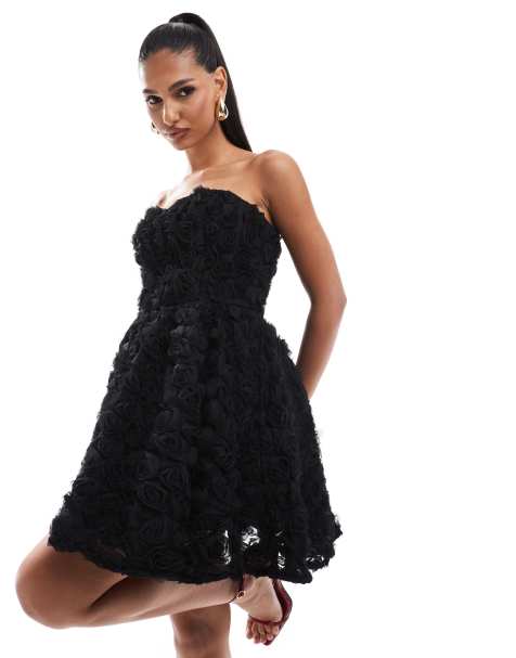 ASOS LUXE - Mini skaterjurk met 3D-bloemen en bandeau in zwart - view 1