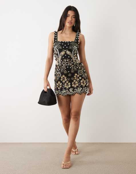 ASOS LUXE mini sukienka ze zdobieniami i kwiatowym motywem w czerni - view 1