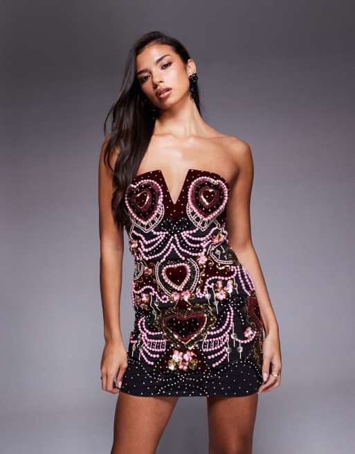 ASOS LUXE - Minikjole med aftagelige stropper i velour, hjerteudsmykning og perler