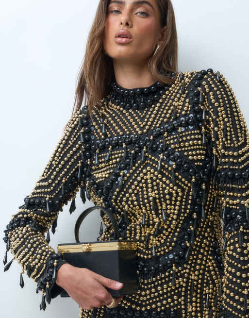 ASOS LUXE minikjole med lange ærmer og perlepynt i sort og guld, 3 af 5