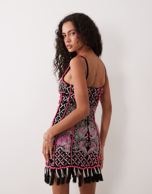 ASOS LUXE miniklänning med cami, fransar och strass i svart och rosa, 4 av 4