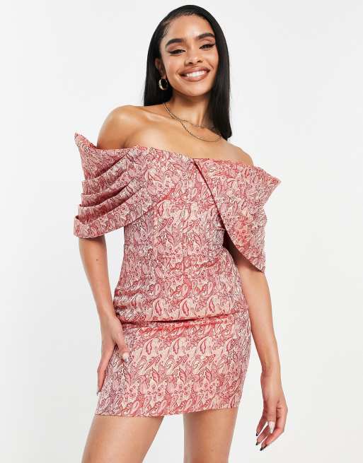 ASOS LUXE – Minikleid aus Bardot-Jacquard mit Falten-Design in Paisley-Print, 3 von 4