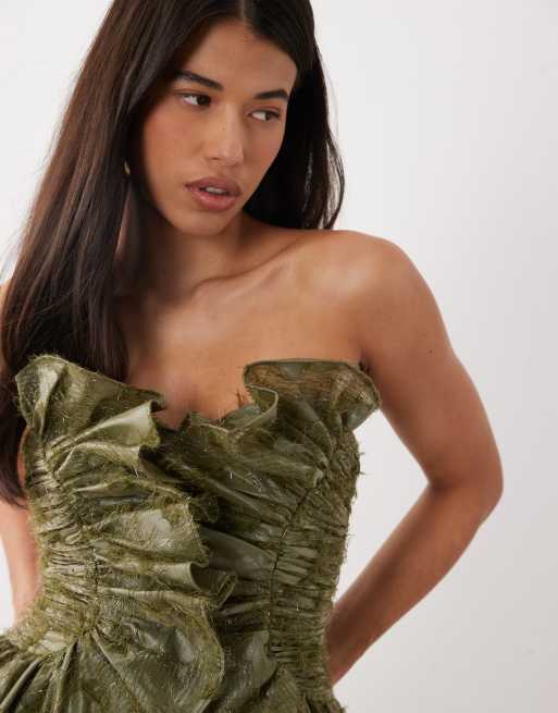 ASOS LUXE Minikleid aus strukturierter Stoff mit Rüschen-Oberteil in Grün, 4 von 4