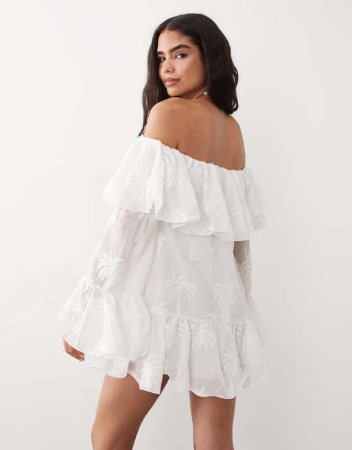 ASOS LUXE – Minikleid in Cremeweiß mit Carmen-Ausschnitt und Palmenstickerei, 4 von 4