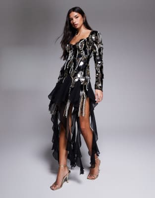 ASOS LUXE - Minikleid in Schwarz mit verziertem Besatz aus Chiffon