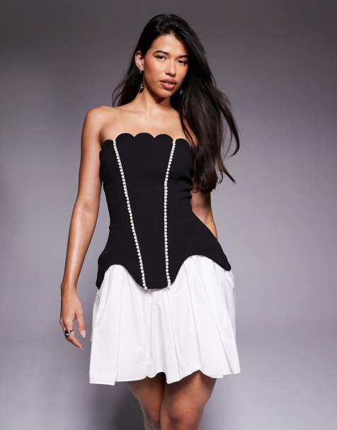 ASOS LUXE – Minikleid in Schwarz-Weiß mit Perlenverzierung, Muschelsaum und Rock aus Baumwoll-Popeline - view 1
