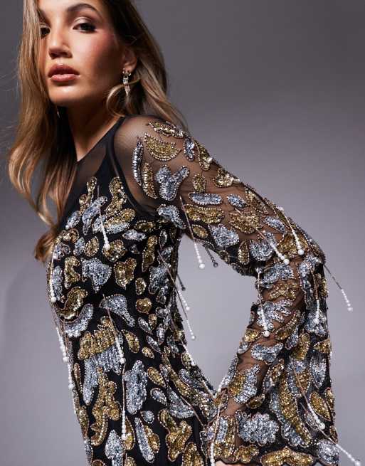 ASOS LUXE Mit Pailletten verziertes Netzstoff Minikleid in Schwarz und Gold