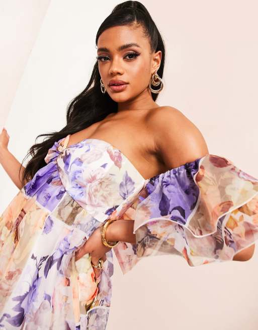 ASOS LUXE – Mönstrad miniklänning med bardot-ringning av organza, 3 av 4