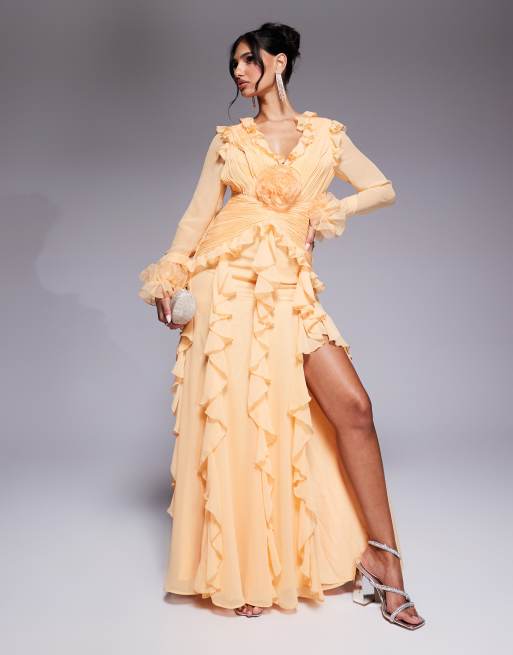 ASOS Luxe – Morelowa sukienka maxi z organzy z długimi rękawami i falbankami