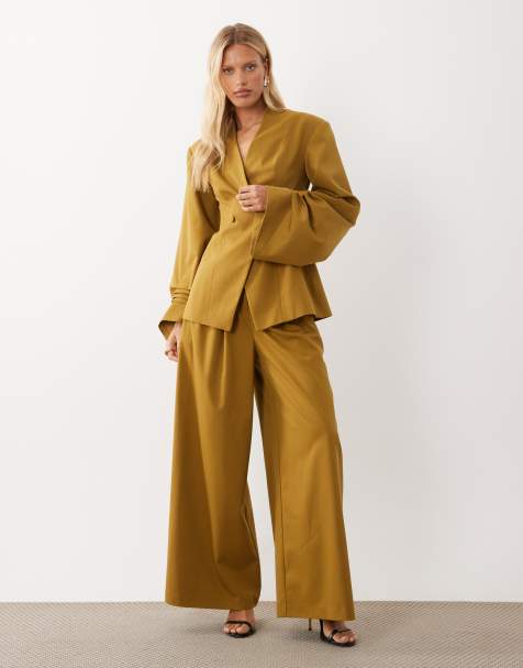 ASOS Luxe – Musztardowy zestaw: marynarka z rękawami z zakładkami i dopasowane spodnie z szerokimi nogawkami - view 1