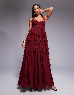 ASOS LUXE - Neckholder-Maxikleid in Beere mit Wasserfall-Rüschen-Rot