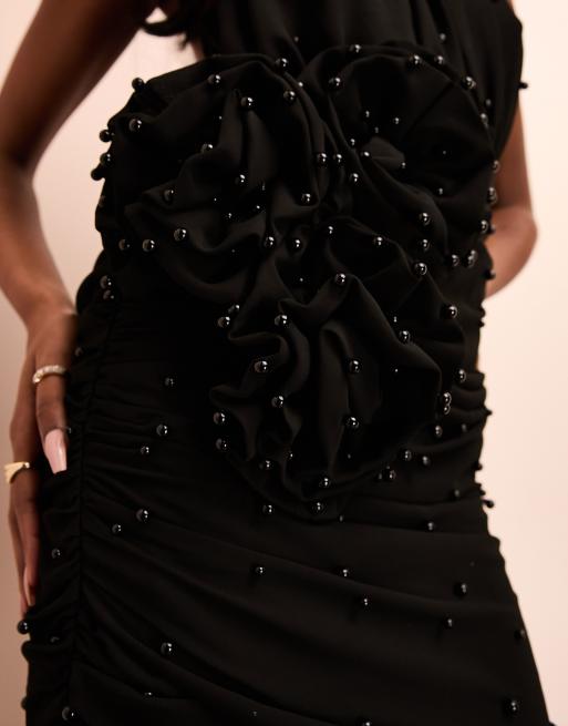 ASOS LUXE – Neckholder-Minikleid in Schwarz mit Corsage und Perlenverzierung, 4 von 4
