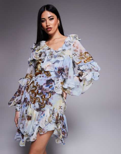 ASOS LUXE – Niebieska asymetryczna sukienka mini z organzy i szyfonu w kwiatowy wzór ze zdobieniami - view 1