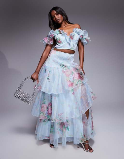 ASOS Luxe – Niebieska szyfonowa spódnica maxi z marszczeniem i kwiatowym wzorem, część zestawu