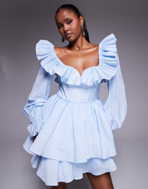 ASOS LUXE tiered long sleeve mini dress with pleated detail in blue