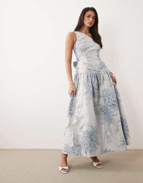 ASOS Luxe – Niebieska żakardowa sukienka maxi na jedno ramię z kwiatowym wzorem - view 1