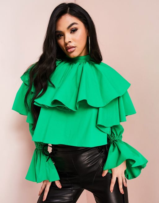 ASOS LUXE – Oberteil aus Baumwolle in Grün mit extremen Rüschen
