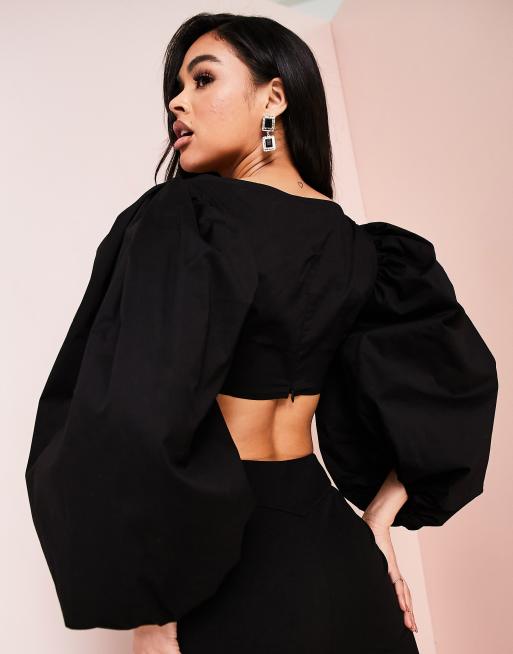 ASOS LUXE – Oberteil aus Baumwolle in Schwarz mit kurzem Schnitt und Puffärmeln, 3 von 4