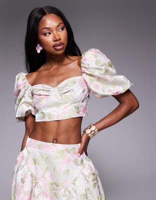 ASOS LUXE - Oberteil mit Puffärmeln und Jacquard-Tulpenmuster, Kombiteil-Bunt