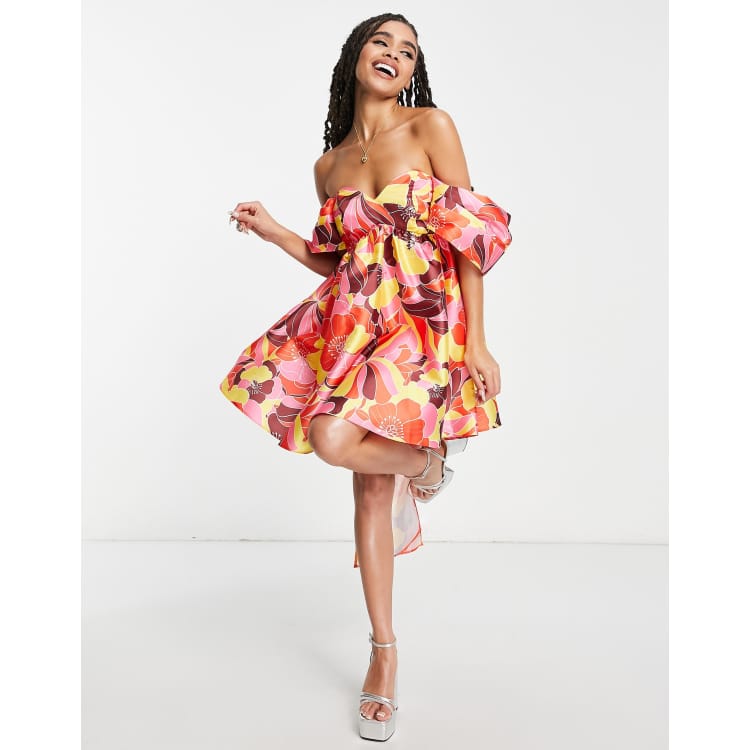 ASOS LUXE off shoulder baby doll mini dress in bright floral print