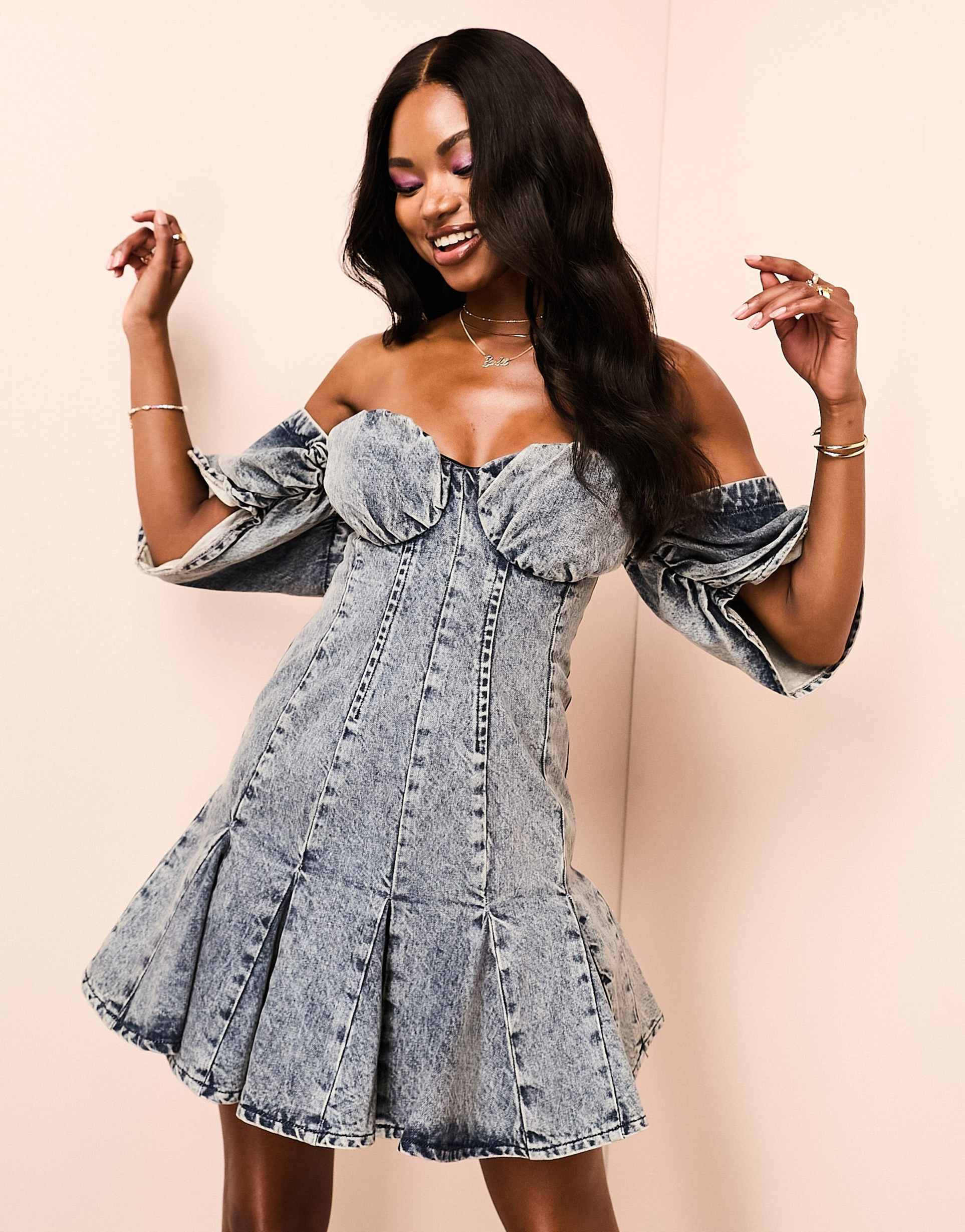 asos luxe off shoulder bardot skater mini dress in acid wash denim