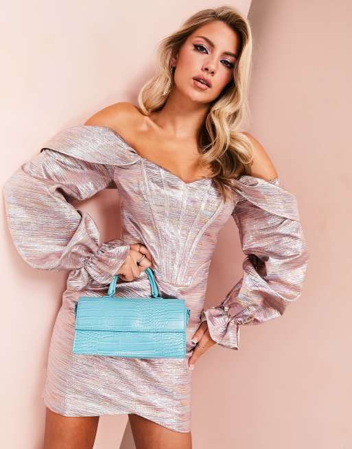 ASOS Luxe mixed ditsy corset bow bardot top in pink and blue - ShopStyle