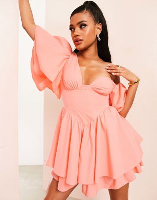 ASOS LUXE off shoulder cotton dress with corset detail and ruffles in peach - ASOS Price Checker