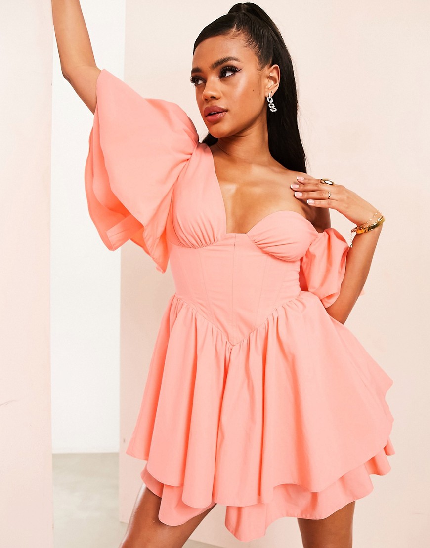 ASOS LUXE off shoulder cotton dress with corset detail and ruffles in peach-Pink