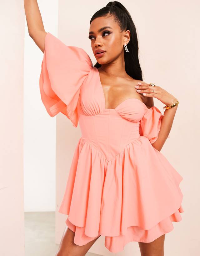 ASOS LUXE off shoulder cotton dress with corset detail and ruffles in peach