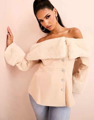 ASOS LUXE off shoulder faux fur blazer with pearl buttons in camel