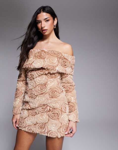 ASOS LUXE off shoulder fur flower mini dress in brown - view 1