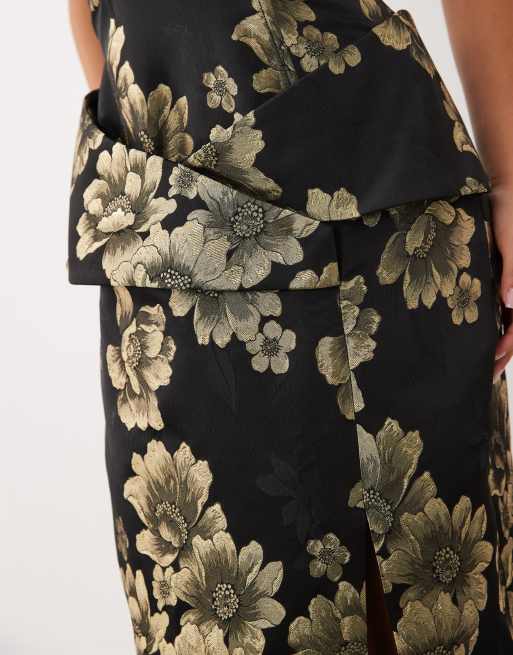 ASOS LUXE off shoulder jacquard midi dress in black and gold jacquard, 3 of 4