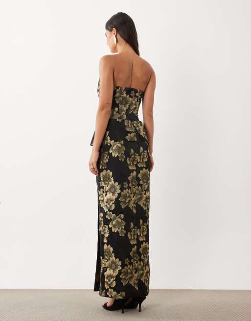 ASOS LUXE off shoulder jacquard midi dress in black and gold jacquard, 4 of 4