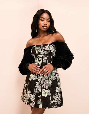 ASOS LUXE off shoulder jacquard mini dress with velvet sleeves in