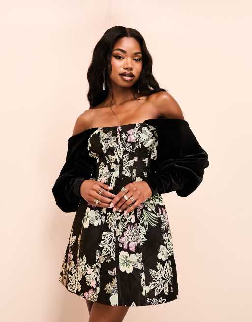 ASOS LUXE off shoulder jacquard mini dress with velvet sleeves in