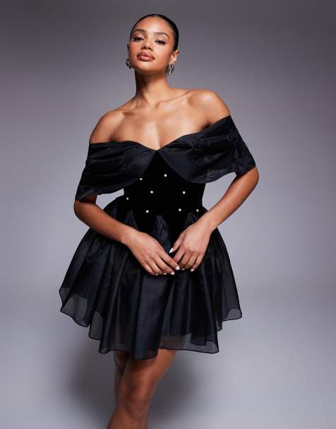 ASOS LUXE off shoulder pearl embellished velvet mini dress with organza in black - view 1
