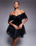 [ASOS LUXE] ASOS LUXE off shoulder pearl embellished velvet mini dress with organza in black 8 BLACK