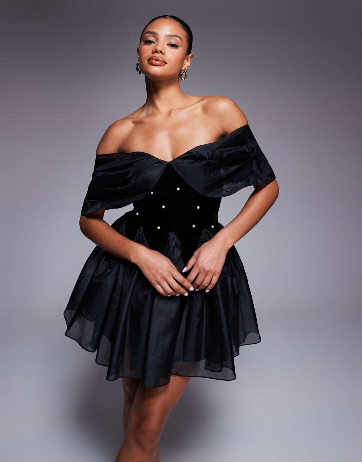 ASOS LUXE off shoulder pearl embellished velvet mini dress with organza in black